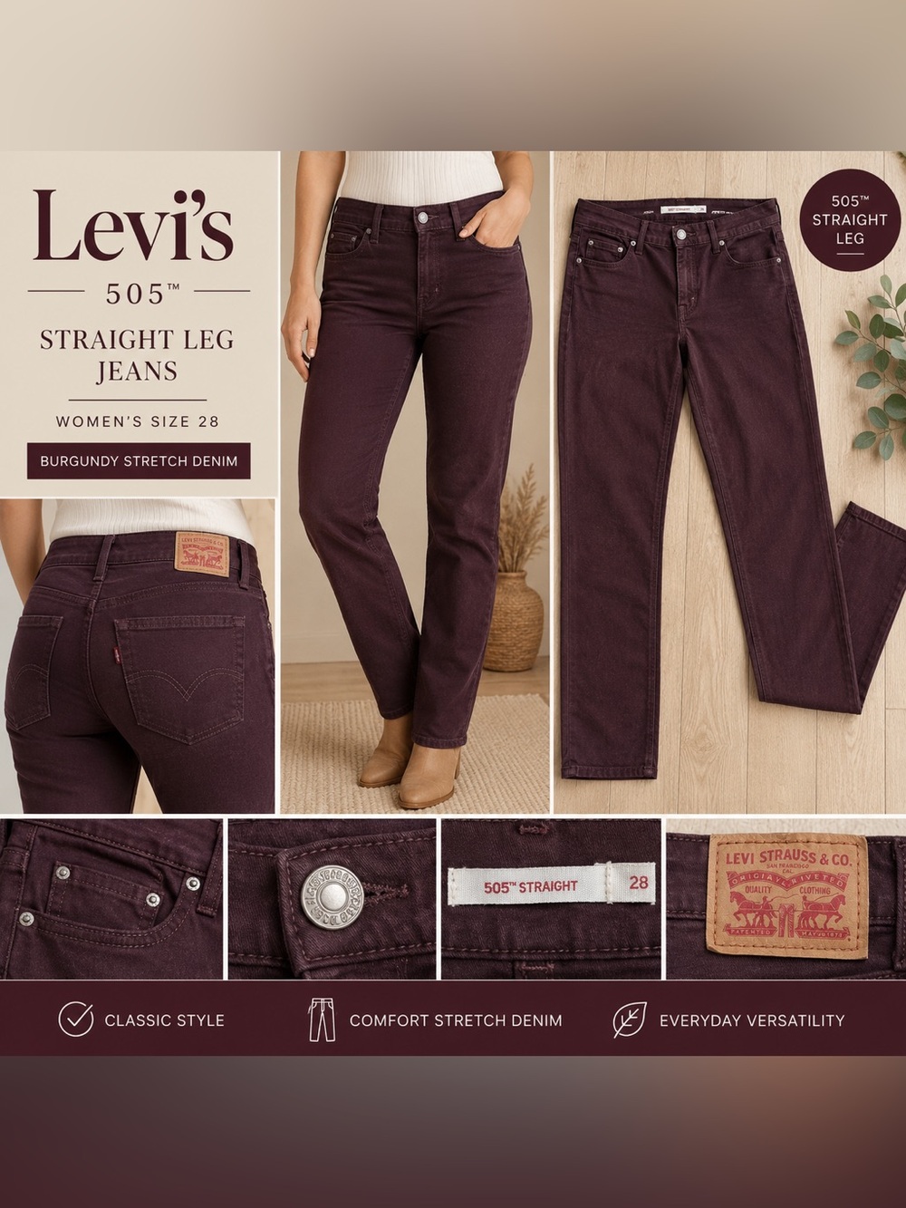 Levi’s 505 Straight Leg Jeans Women’s Size 28 Burgundy Wine Red Stretch Denim